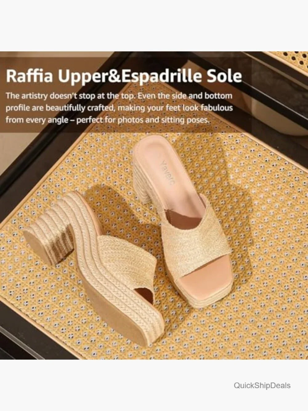 Raffia Espadrille Platform Sandals Block Heel Square Toe Woven Bohemia Summer